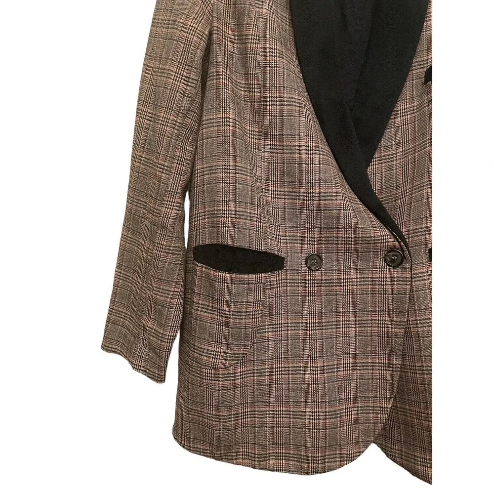 Gimmicks BKE Brown Plaid Tweed Blazer Women Size S Double Breasted Velvet Lapel‎